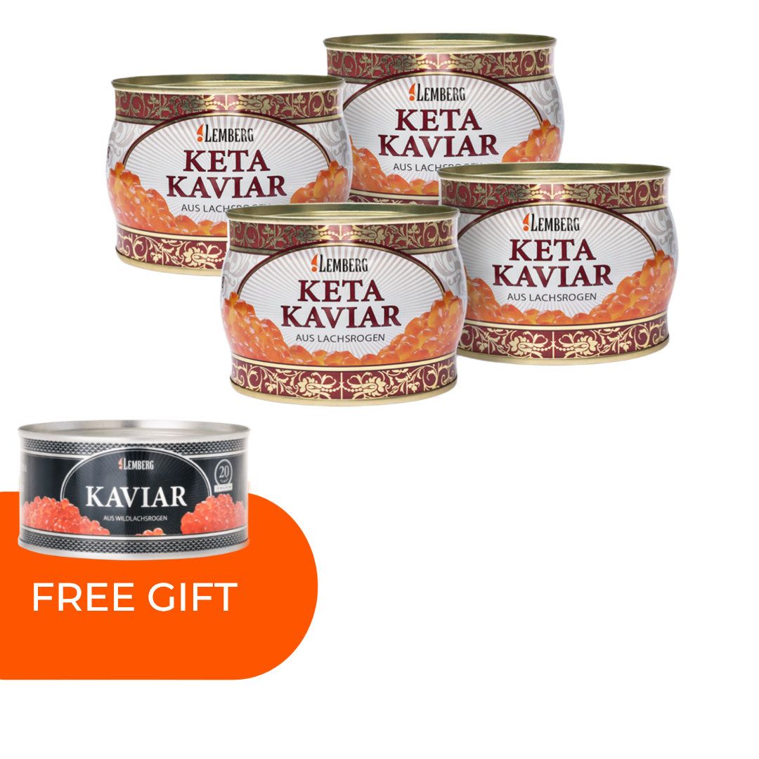 4 x 500 g di uova di salmone Keta + 300 g di uova di salmone rosa Platinum